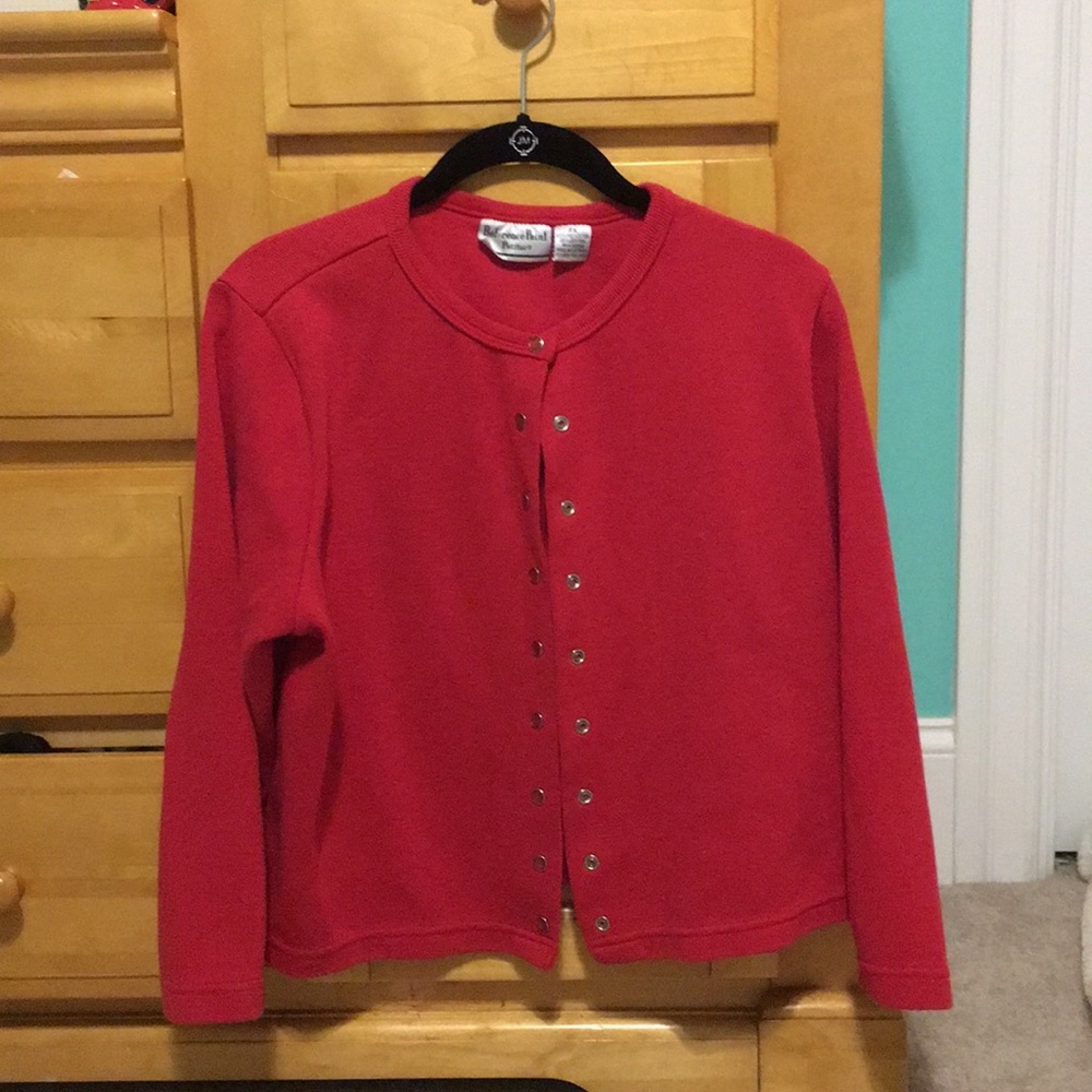 Red button down cardigan.